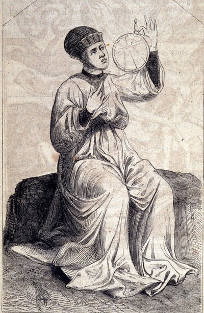 Rappresentazione di un astrologo che usa un astrolabio nel XV secolo. Incisione da "De machinis Bellicis" da Unknown artist