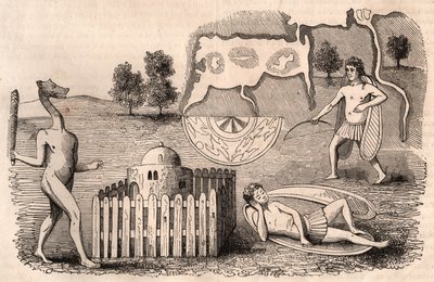 Rappresentazione di tribù medievali e specie animali: uomini con orecchie lunghe, uno addormentato, e una chimera con una mazza da Unknown