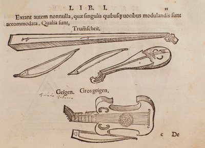 Rappresentazione di strumenti a corda e arciere. Pagina tratta dal manuale pratico di musica Musurgia da Unknown artist
