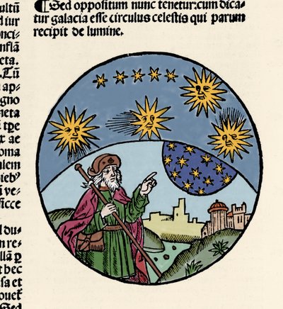 Rappresentazione del filosofo greco Aristotele (384-322 a.C.) che indica le stelle. Incisione dal trattato di fisica "Textus abbreviatus Aristotelis super octo liris Phisicorum & tota naturalis philosophia" di Thomas Bricot (m. 1516). 1496 da Unknown artist