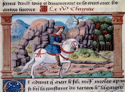 Rappresentazione del navigatore veneziano Marco Polo (1254-1324) a cavallo. Miniatura tratta da "Il Milione" di Marco Polo (1254-1324). 1298. Parigi, Biblioteca dell