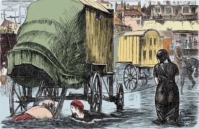 Rappresentazione della cabina da bagno inventata nel 1750 da Benjamine Beale: le donne all
