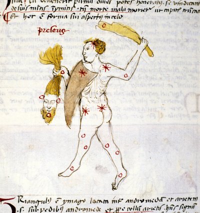 Rappresentazione della costellazione di Bouvier (Botes) Il cacciatore Botes tiene in mano i capelli di Berenice. Miniatura da "Astronomica" di Biasino da Parma (Blaise de Parma) (1425-1457) da Unknown artist