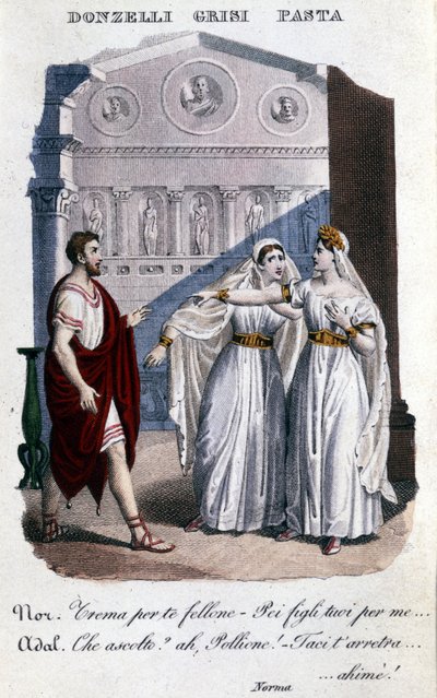 Rappresentazione degli interpreti della prima rappresentazione di "La Norma" di Vincenzo Bellini (1801 - 1835): da sinistra a destra Domenico Donzelli (Pollione), Giuditta Grisi (Adalgisa) e Giuditta Pasta (Norma). 1833 da Unknown artist