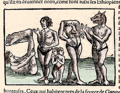 Rappresentazione dei mostri descritti da Amerigo Vespucci (1451-1512): da sinistra a destra: un manopode, un ciclope, un uomo con due teste, un uomo senza testa e un uomo con testa di cane o cinocefalo. Xilografia tratta da 