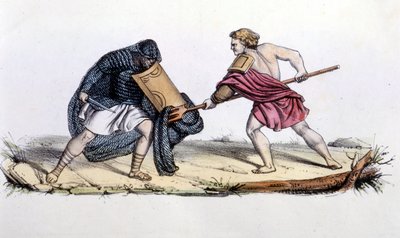 Resiario e Mirmillone. Incisione del XIX secolo da Unknown artist
