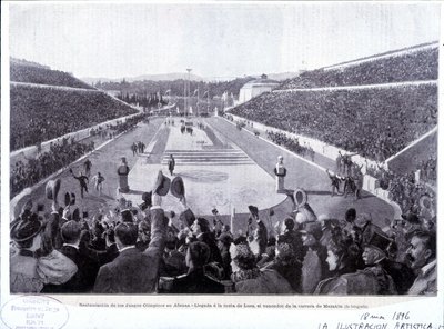 Restaurazione dei Giochi Olimpici ad Atene: arrivo di Lues, vincitore della maratona da Unknown artist