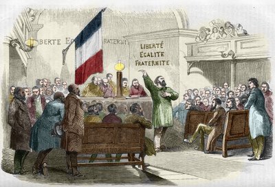 Rivoluzione del 1848: riunione del Club Repubblicano a Parigi nel 1848. Il muro recita il motto repubblicano 
