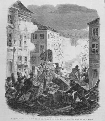 Rivoluzione del marzo 1848: barricata a Berlino il 19/03/1848. Federico Guglielmo IV di Prussia sarà costretto ad accettare la riunificazione e un governo liberale da Unknown artist