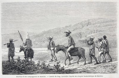 Richard Francis Burton, esploratore britannico (1821-1890), e i suoi compagni in Africa. Disegno che illustra l