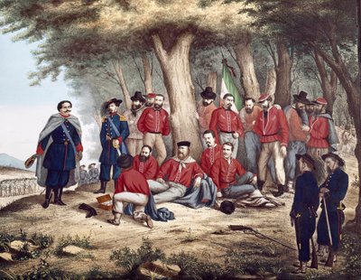 Risorgimento: il patriota italiano Giuseppe Garibaldi ferito ad Aspromonte, il 29/08/1862, viene trasportato dai soldati da Unknown artist