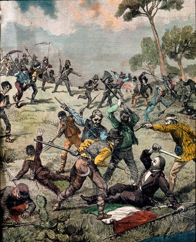Risorgimento: il rivoluzionario italiano Carlo Pisacane (1818-1857) è assalito dai contadini a Sapri il 28/06/1857. Incisione Collezione Privata da Unknown artist