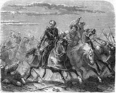 Roberto della Marca dei Landsknechts, porta via il corpo del figlio dagli svizzeri (incisione del XIX secolo) da Unknown artist