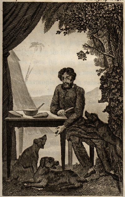 I cani di Robinson Crusoe aspettano che lanci loro dei pezzi da mangiare, incisione inserita in 