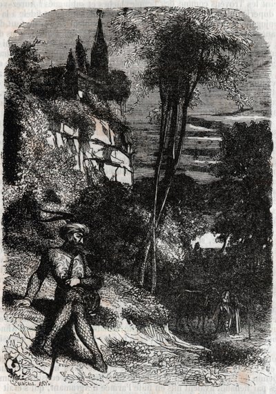 Rodomonte, Isabella e il Vecchio Eremita - incisione del 1851 da "Orlando furioso" (XVI secolo) di Ludovico Ariosto, edizione tradotta dall