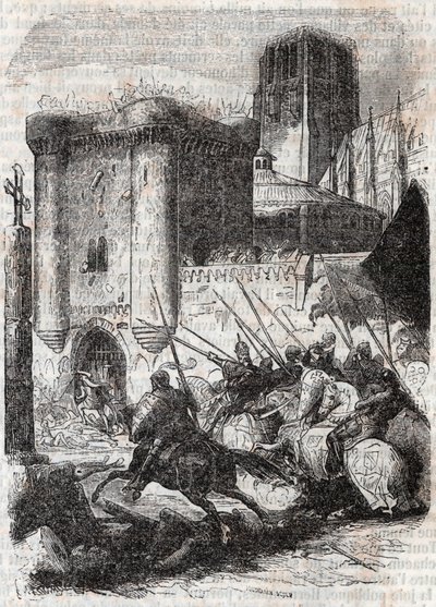 Rodomonte sfonda le porte del Palazzo a Parigi - incisione del 1851 da "Orlando furioso" (XVI secolo) di Ludovico Ariosto, edizione tradotta dall