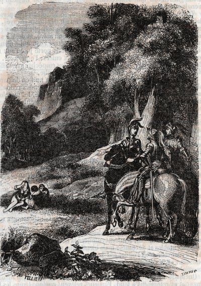 Ruggero, Marfisa e le tre donne - incisione del 1851 da "Orlando furioso" (XVI secolo) di Ludovico Ariosto, edizione tradotta dall