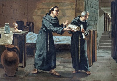 Roger Bacon, monaco francescano, teologo, filosofo e studioso inglese (1214-1294) invia il libro "Opus majus" (1267-1268) al Papa. In "La Ciencia y sus Hombres" di Louis Figuier, Barcellona 1881 da Unknown artist