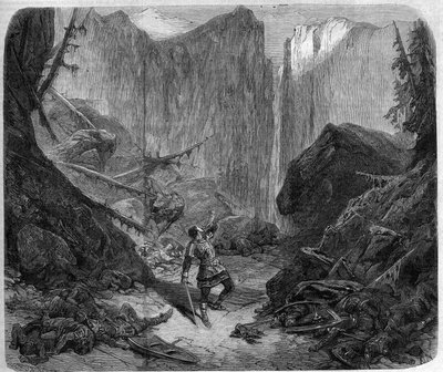 Rolando che soffia nel suo corno alla Battaglia di Roncisvalle il 15 agosto 778. Disegno di Alphonse de Neuville (1836-1885) per l