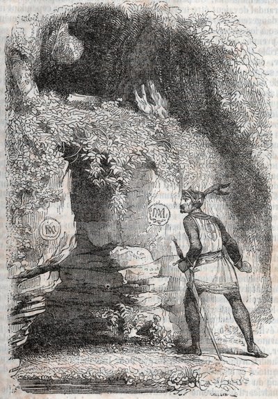 Orlando trova le figure di Medoro e Angelica - incisione del 1851 da "Orlando furioso" (XVI secolo) di Ludovico Ariosto, edizione tradotta dall