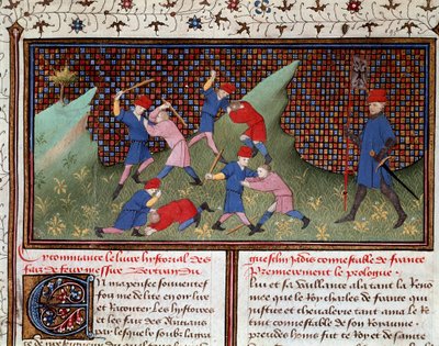 Romanzo di Ogier il Danese: il combattimento con la mano e con il bastone, miniatura tratta da 