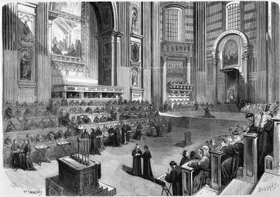 Roma 1869, prima riunione del Concilio ecumenico del 1869 tenutasi il 9 dicembre nella parte destra del transetto della Chiesa di San Pietro da Unknown artist
