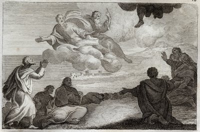 Bibbia di Royaumont, Nuovo Testamento: Ascensione di Gesù Cristo. Cristo viene preso dal Cielo e benedice gli Apostoli prima di scomparire in una nuvola. Illustrazione del 1811. da Unknown artist