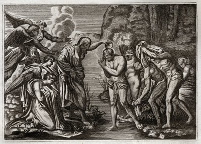 Bibbia di Royaumont, Nuovo Testamento: Battesimo di Gesù Cristo. San Giovanni Battista battezza Gesù Cristo nelle acque del fiume Giordano. Illustrazione del 1811. da Unknown artist