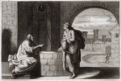 Bibbia di Royaumont, Nuovo Testamento: Cristo e la Samaritana al Pozzo. Gesù Cristo converte una donna samaritana. Illustrazione del 1811. da Unknown artist