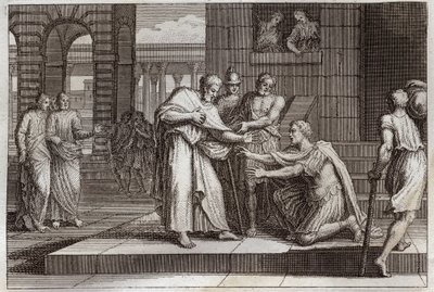 Bibbia di Royaumont, Nuovo Testamento: Cornelio battezza. Cornelio il centurione riceve la fede di Gesù Cristo, e viene battezzato da San Pietro. Illustrazione del 1811 da Unknown artist