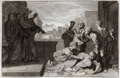 Bibbia di Royaumont, Nuovo Testamento: Morte di Anania e sua moglie Saffira davanti a San Pietro e San Giovanni. Illustrazione del 1811. da Unknown artist