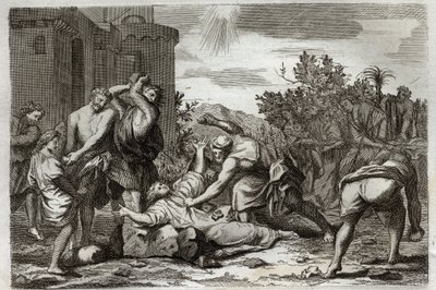 Bibbia di Royaumont, Nuovo Testamento: Morte di Santo Stefano, primo martire cristiano, per lapidazione. Illustrazione del 1811. da Unknown artist