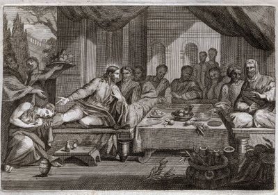 Bibbia di Royaumont, Nuovo Testamento: Cena a casa di Simone il Fariseo. Maria Maddalena va a piangere ai piedi di Gesù Cristo a casa di Simone il Fariseo e ottiene il perdono dei suoi peccati. Illustrazione del 1811 da Unknown artist