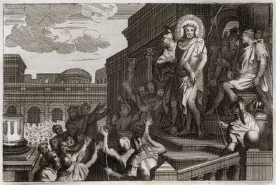 Bibbia di Royaumont, Nuovo Testamento: Ecce homo. Ponzio Pilato (Pontius Pilatius) presenta Gesù Cristo con le spine alla folla dicendo, “Ecco l