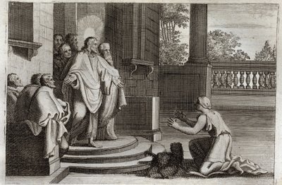 Bibbia di Royaumont, Nuovo Testamento: Gesù Cristo e la moglie di Canaan (La Cananea o la donna straniera). Una contadina chiede al Signore aiuto per guarire sua figlia. Cristo le risponde: “Sono stato inviato solo alle pecore perdute della casa d