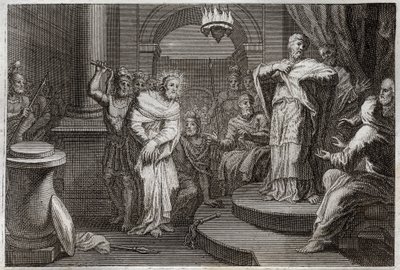 Bibbia di Royaumont, Nuovo Testamento: Gesù Cristo davanti a Caifa e Anna (Hanan o Anne o Hanne). Illustrazione del 1811. da Unknown artist