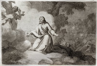 Bibbia di Royaumont, Nuovo Testamento: Gesù Cristo nel Giardino (preghiera sul Monte degli Ulivi). Un angelo che tiene un calice appare a Gesù. Gli apostoli San Pietro, San Giovanni e San Giacomo dormono. Illustrazione del 1811. da Unknown artist