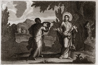 Bibbia di Royaumont, Nuovo Testamento: Gesù Cristo nel deserto. Gesù è condotto nel deserto. Digiuna quaranta giorni e quaranta notti. È tentato dal demonio che lo invita a trasformare le pietre in pane. Illustrazione del 1811 da Unknown artist