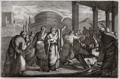 Bibbia di Royaumont, Nuovo Testamento: Guarigione dello zoppo. San Paolo guarisce uno zoppo e ferma un popolo che voleva sacrificargli come un dio. Illustrazione del 1811. da Unknown artist