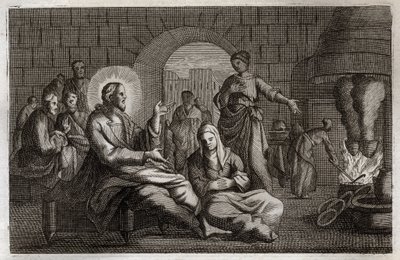 Bibbia di Royaumont, Nuovo Testamento: Marta e Maria. Gesù Cristo entra nella casa di Marta, che si affretta a riceverlo mentre sua sorella, Maria di Betania, ascolta la sua parola. Illustrazione del 1811. da Unknown artist