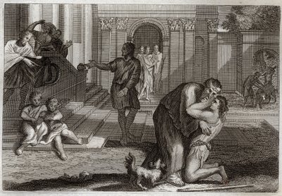 Bibbia di Royaumont, Nuovo Testamento: Parabola del Figliol Prodigo. Il figlio ritorna a casa dopo aver perso tutti i suoi beni. Viene a chiedere perdono a suo padre. Illustrazione del 1811. da Unknown artist