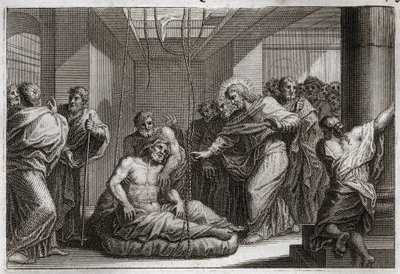 Bibbia di Royaumont, Nuovo Testamento: Paralitico. Gesù Cristo chiama San Matteo e guarisce un paralitico a Cafarnao. Illustrazione del 1811. da Unknown artist