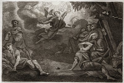 Bibbia di Royaumont, Nuovo Testamento: Pastori alla mangiatoia. Un Angelo annuncia la nascita di Gesù Cristo ai pastori (Annunciazione ai pastori). Illustrazione del 1811. da Unknown artist