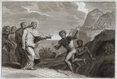Bibbia di Royaumont, Nuovo Testamento: Guarigione del posseduto. Gesù Cristo guarisce un posseduto che il demonio aveva reso furioso. Illustrazione del 1811. da Unknown artist