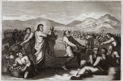Bibbia di Royaumont, Nuovo Testamento: Moltiplicazione dei pani. Gesù Cristo moltiplica cinque pani e sfama cinquemila uomini. Illustrazione del 1811. da Unknown artist