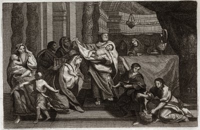 Bibbia di Royaumont, Nuovo Testamento: Purificazione della Vergine o presentazione al Tempio. La Sacra Famiglia offre Gesù Cristo al Tempio e lo consegna a Simeone. Una donna tiene due colombe in un cesto. Illustrazione del 1811. da Unknown artist