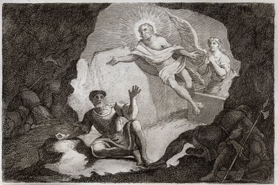 Bibbia di Royaumont, Nuovo Testamento: Resurrezione. Gesù Cristo risorge dalla sua tomba sotto lo stupore dei soldati romani che si erano addormentati. Illustrazione del 1811 (incisione) da Unknown artist