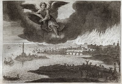 Bibbia di Royaumont, Nuovo Testamento: Rovina di Babilonia. Babilonia in fiamme, un angelo getta una pietra nel mare, simbolizzando la distruzione di questa città durante l