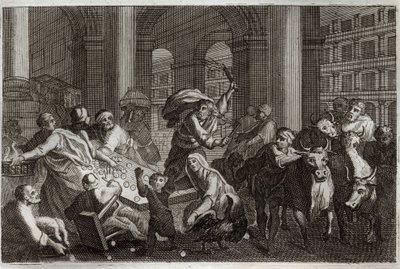 Bibbia di Royaumont, Nuovo Testamento: Cacciata dei venditori dal Tempio. Gesù Cristo scaccia dal Tempio coloro che lo profanavano con il commercio. Illustrazione del 1811. da Unknown artist