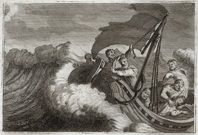Bibbia di Royaumont, Nuovo Testamento: Tempesta placata. Gli apostoli sono sorpresi da una tempesta, svegliano Gesù Cristo che dormiva nella loro nave, e lui calma anche il Mare di Galilea. Illustrazione del 1811. da Unknown artist